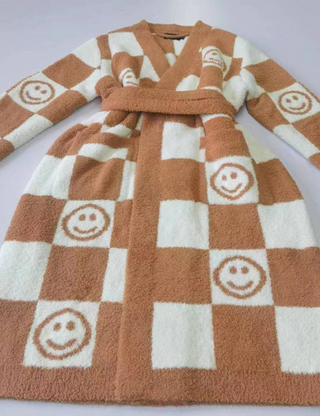 Checkered Buttery Robe L/XL / Light Grey and White with White Border