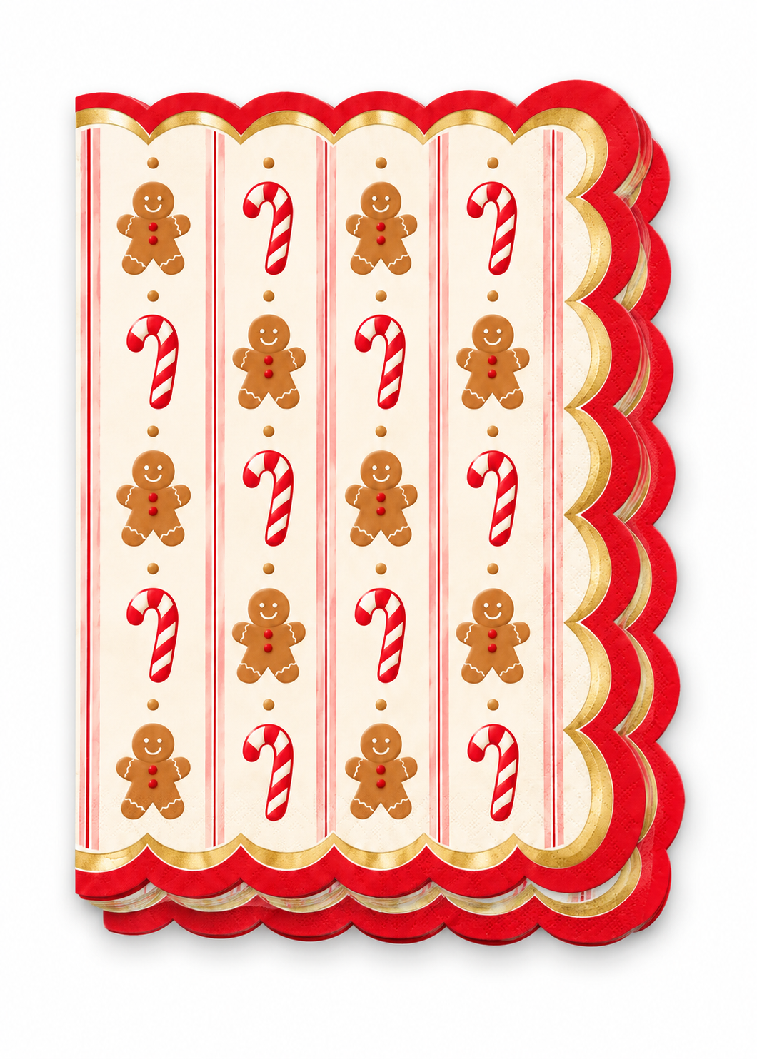 Candy Cane Lane scalloped dinner napkins with gingerbread and candy cane pattern
