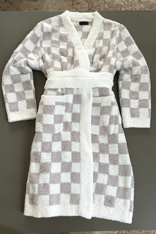 Checkered Buttery Robe S/M / Light Grey and White with Grey Border